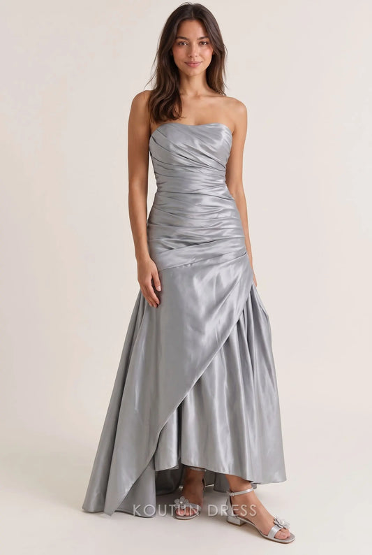 Silver Satin Strapless Sweetheart Neck Cross Ruched Waist Asymmetric Layered A Line Long Prom Dress