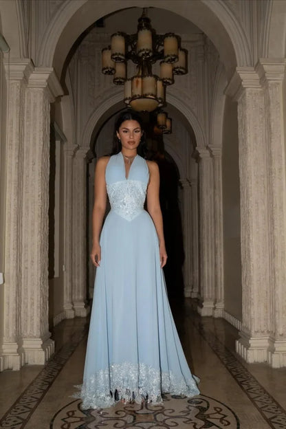 Sky Blue Chiffon Maxi Prom Dresses with Halter Neckline Lace Applique Open Back for Prom and Garden Wedding