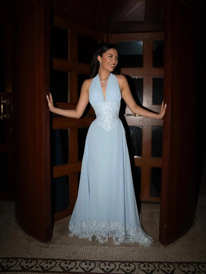 Sky Blue Chiffon Maxi Prom Dresses with Halter Neckline Lace Applique Open Back for Prom and Garden Wedding