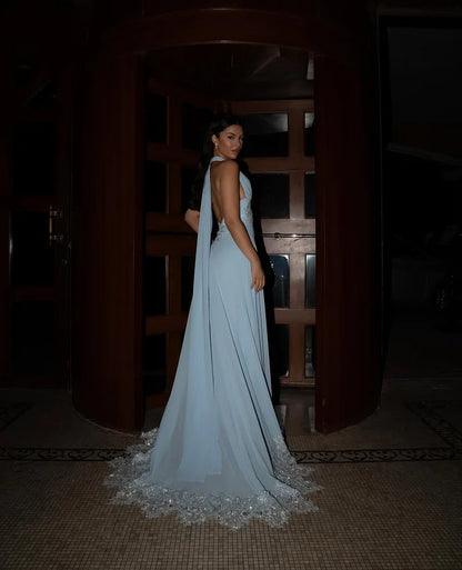 Sky Blue Chiffon Maxi Prom Dresses with Halter Neckline Lace Applique Open Back for Prom and Garden Wedding
