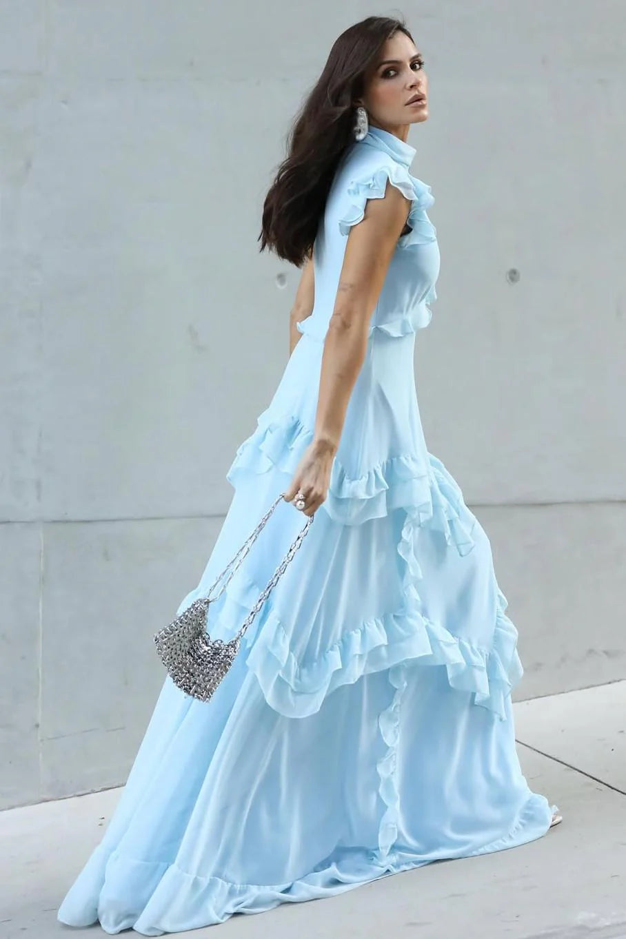 Sky Blue Maxi Dresses with High Neck Ruffled Trim Flutter Sleeves and Tiered Asymmetrical Skirt