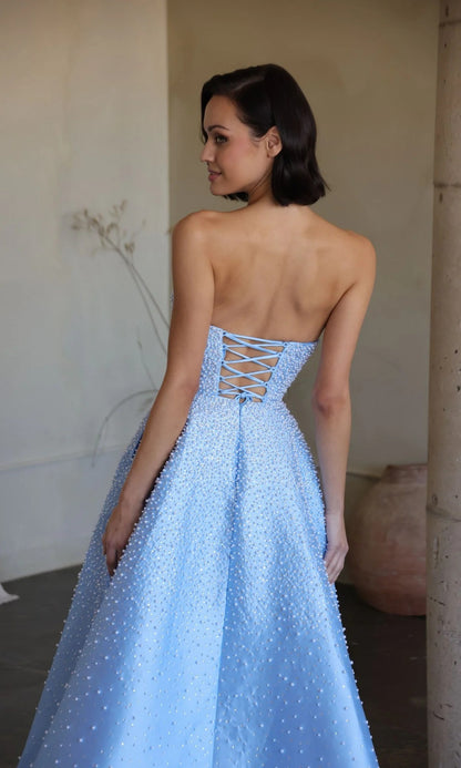 Sky Blue Satin Maxi Prom Dresses with Strapless Beaded Bodice Lace Up Back and Side Pockets