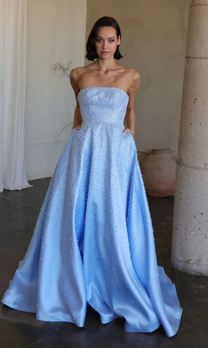 Sky Blue Satin Maxi Prom Dresses with Strapless Beaded Bodice Lace Up Back and Side Pockets