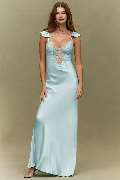 Sky Blue Satin Sheer Lace Ruffle Strap Maxi Prom Dress