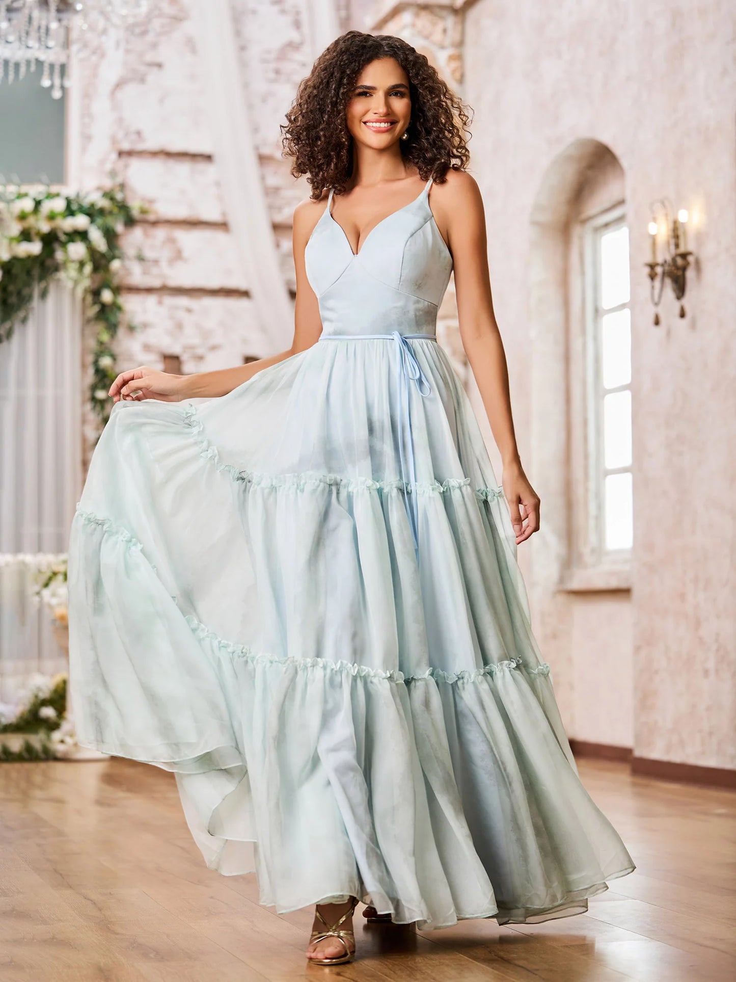 Sky Blue Tulle Maxi Prom Dresses with Spaghetti Strap V Neck Waist Tie Lace-Up Back Tiered Ruffle Skirt for Prom and Garden Wedding