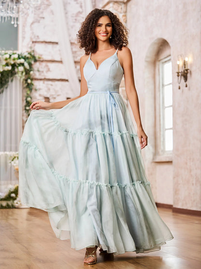 Sky Blue Tulle Maxi Prom Dresses with Spaghetti Strap V Neck Waist Tie Lace-Up Back Tiered Ruffle Skirt for Prom and Garden Wedding