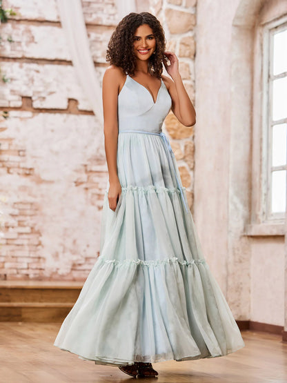 Sky Blue Tulle Maxi Prom Dresses with Spaghetti Strap V Neck Waist Tie Lace-Up Back Tiered Ruffle Skirt for Prom and Garden Wedding