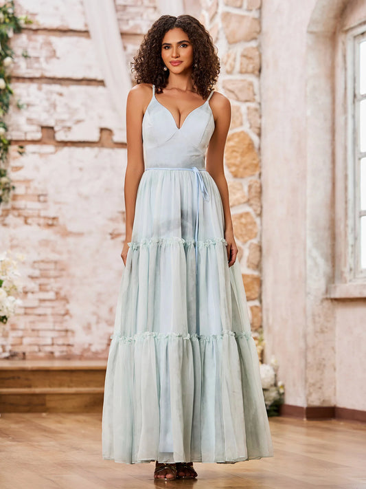 Sky Blue Tulle Maxi Prom Dresses with Spaghetti Strap V Neck Waist Tie Lace-Up Back Tiered Ruffle Skirt for Prom and Garden Wedding