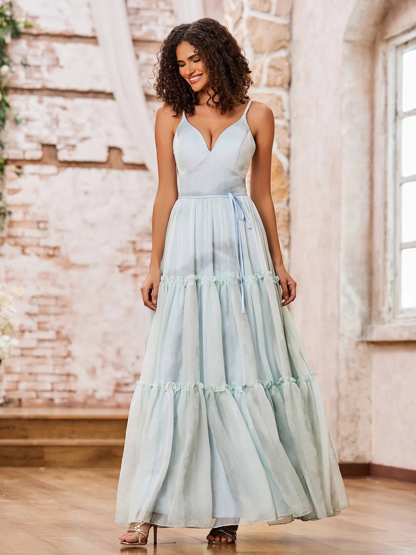 Sky Blue Tulle Maxi Prom Dresses with Spaghetti Strap V Neck Waist Tie Lace-Up Back Tiered Ruffle Skirt for Prom and Garden Wedding