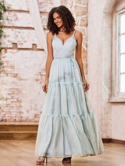 Sky Blue Tulle Maxi Prom Dresses with Spaghetti Strap V Neck Waist Tie Lace-Up Back Tiered Ruffle Skirt for Prom and Garden Wedding
