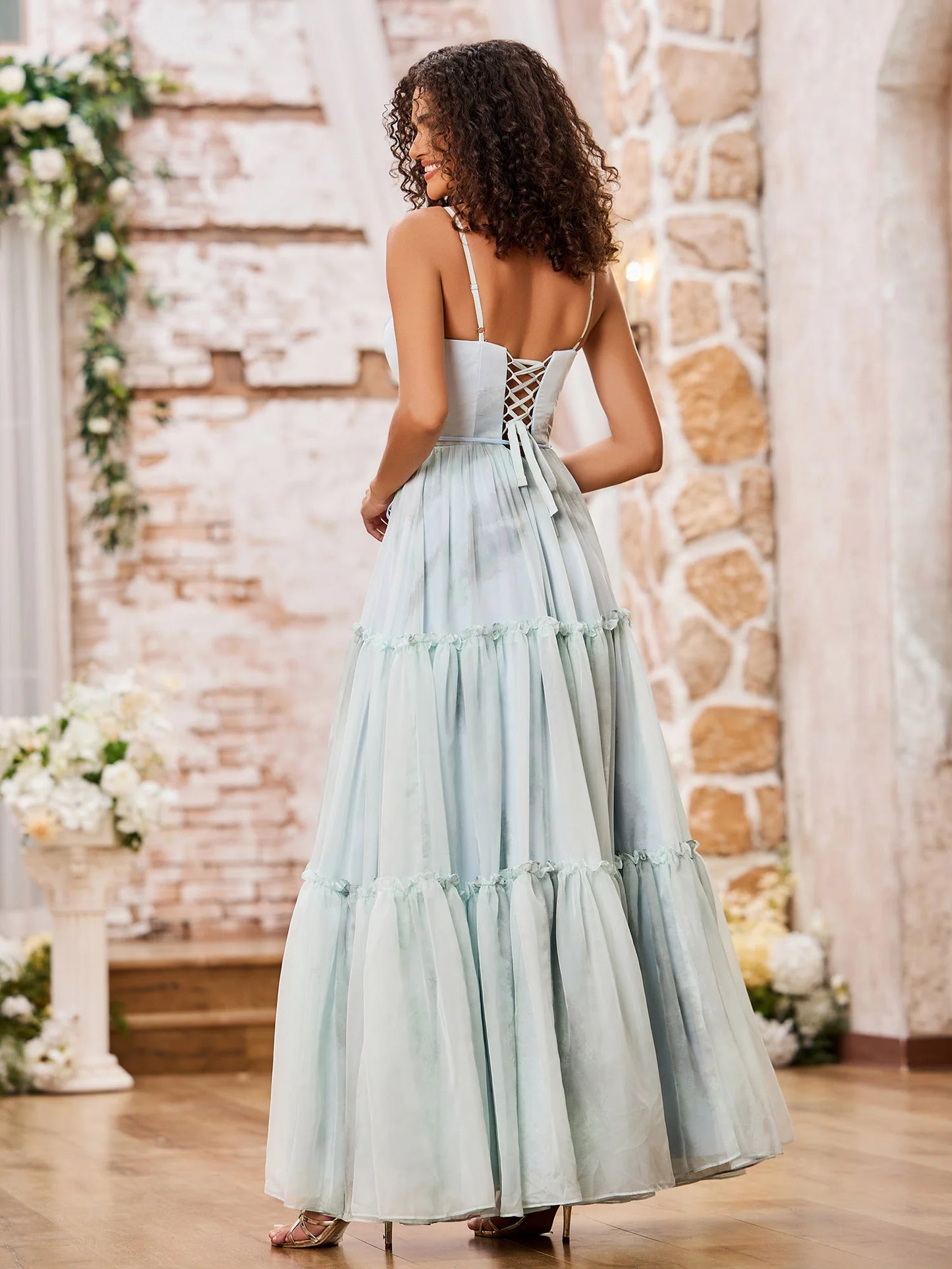 Sky Blue Tulle Maxi Prom Dresses with Spaghetti Strap V Neck Waist Tie Lace-Up Back Tiered Ruffle Skirt for Prom and Garden Wedding