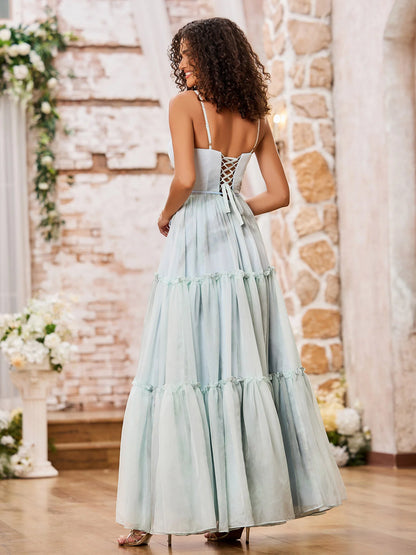 Sky Blue Tulle Maxi Prom Dresses with Spaghetti Strap V Neck Waist Tie Lace-Up Back Tiered Ruffle Skirt for Prom and Garden Wedding