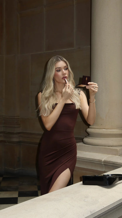 Sleek Cap Sleeve Cowl Neck Backless Ruched Bodycon Maxi Prom Dress with High Slit and Bow Tie Back