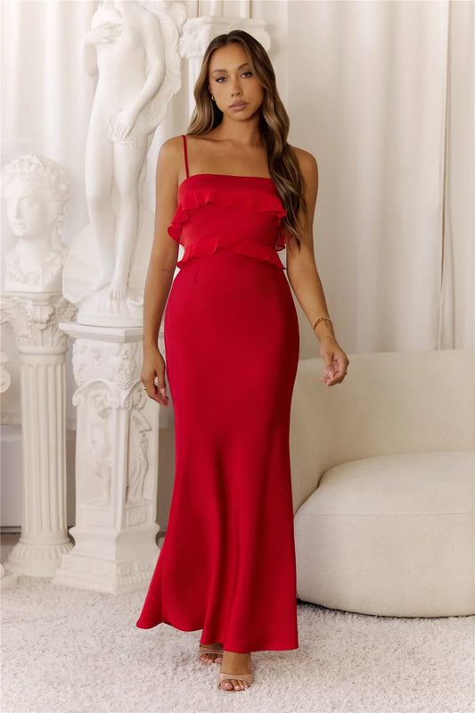 Sleek Fitted Square Neck Sleeveless Ruffled Backless Red Floor-Length Prom Gown