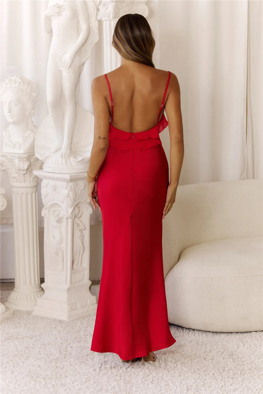 Sleek Fitted Square Neck Sleeveless Ruffled Backless Red Floor-Length Prom Gown