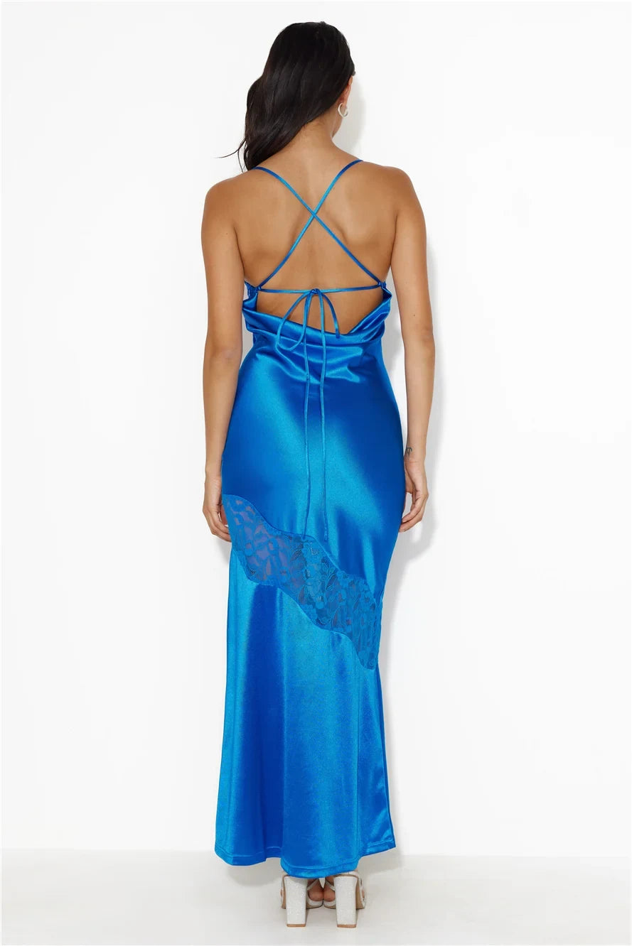 Sleek Fitted V-Neck Sleeveless Lace Strappy Blue Maxi Evening Dresses Women