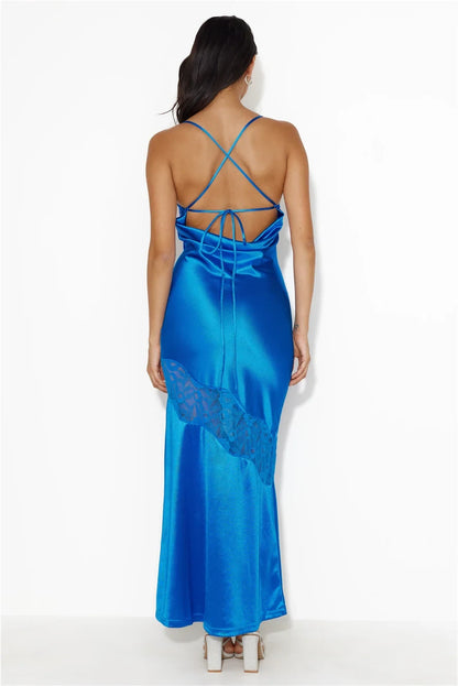 Sleek Fitted V-Neck Sleeveless Lace Strappy Blue Maxi Evening Dresses Women