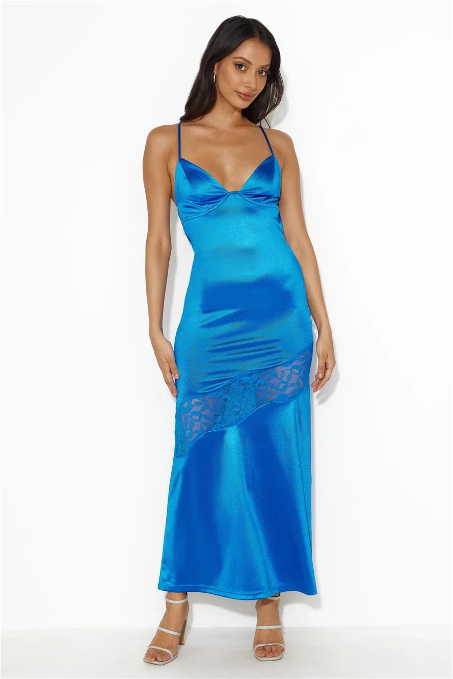 Sleek Fitted V-Neck Sleeveless Lace Strappy Blue Maxi Evening Dresses Women
