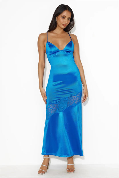 Sleek Fitted V-Neck Sleeveless Lace Strappy Blue Maxi Evening Dresses Women