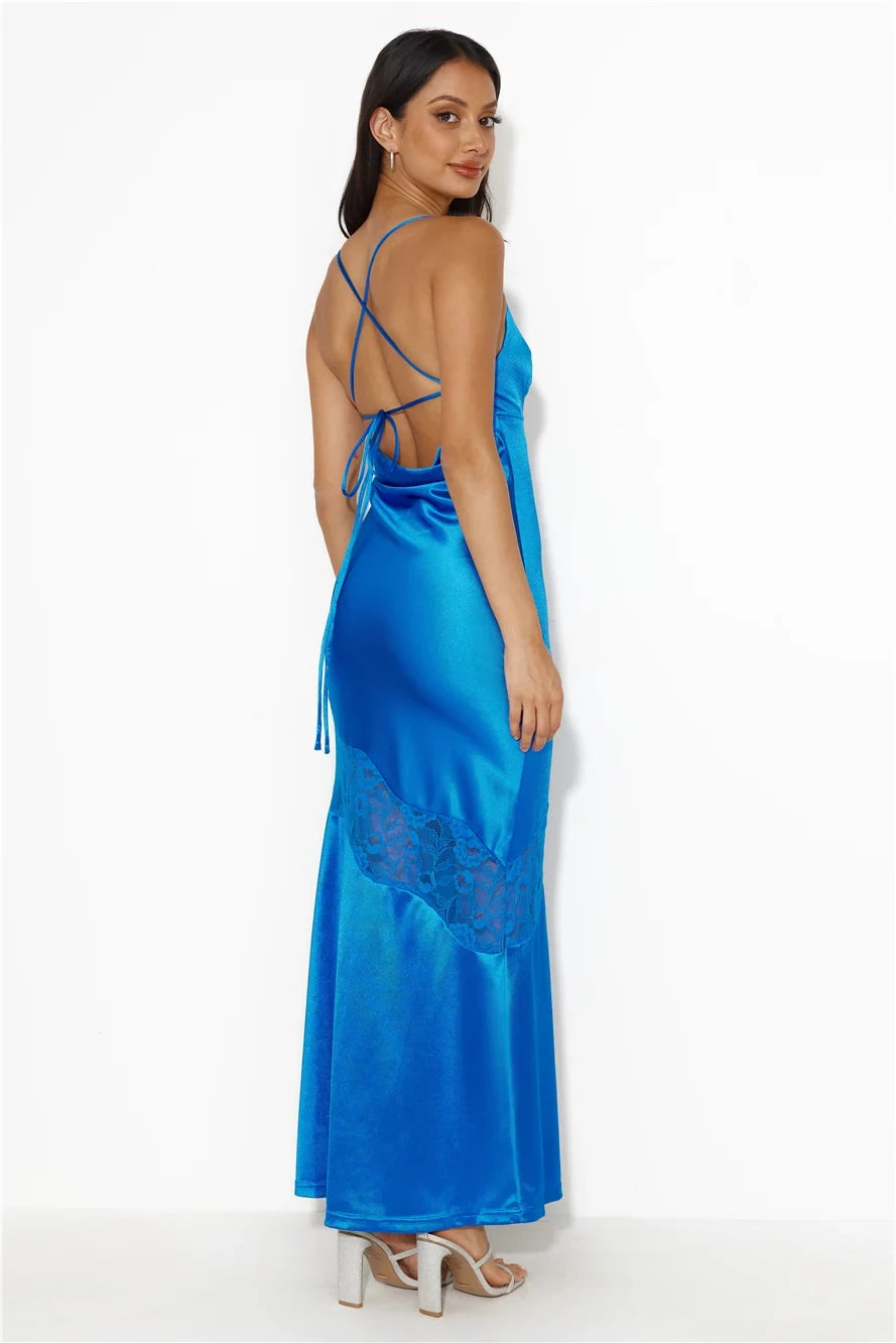 Sleek Fitted V-Neck Sleeveless Lace Strappy Blue Maxi Evening Dresses Women