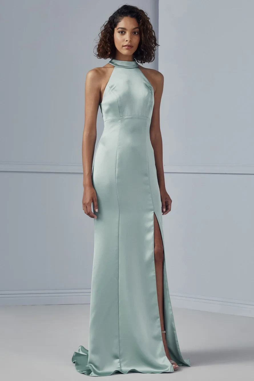 Sleek Halter Sleeveless Side Slit Mint Green Floor-Length Bridesmaid Gown