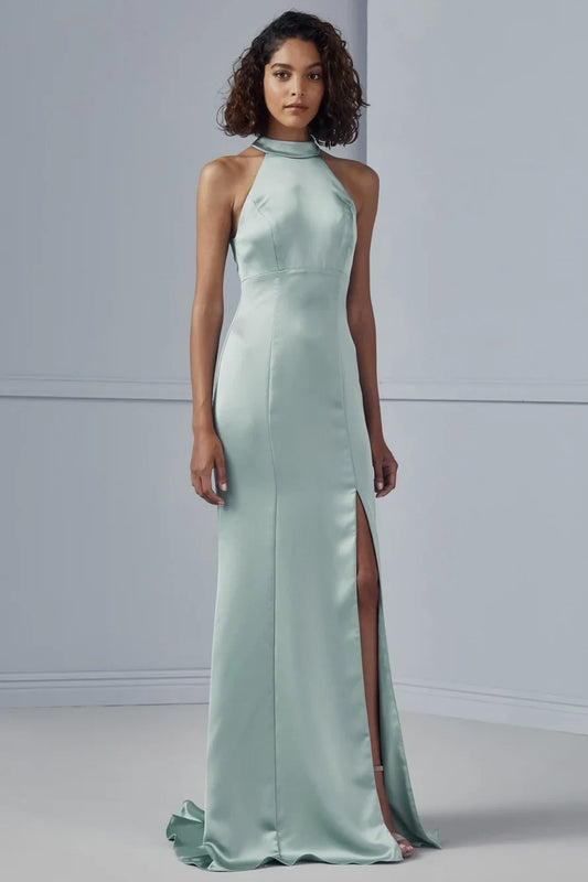 Sleek Halter Sleeveless Side Slit Mint Green Floor-Length Bridesmaid Gown