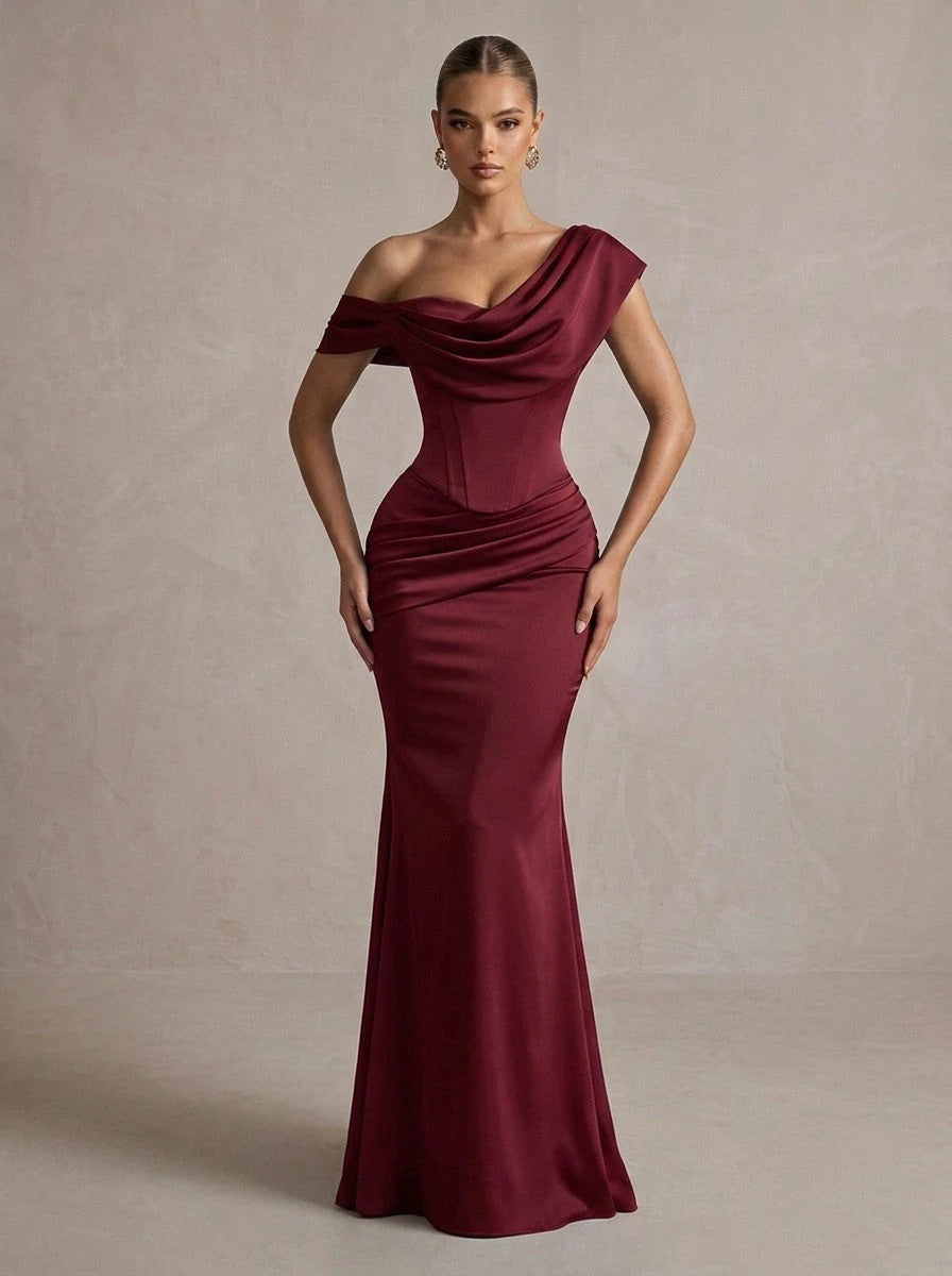 Sleek Mermaid One-Shoulder Sleeveless Corset-Ruched Burgundy Floor-Length Prom Dresses Womens Gown