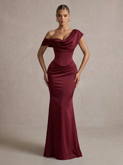Sleek Mermaid One-Shoulder Sleeveless Corset-Ruched Burgundy Floor-Length Prom Dresses Womens Gown