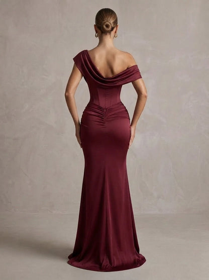 Sleek Mermaid One-Shoulder Sleeveless Corset-Ruched Burgundy Floor-Length Prom Dresses Womens Gown