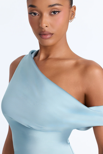 Slim Sheath One Shoulder Draped Back Slit Floor Evening Dress