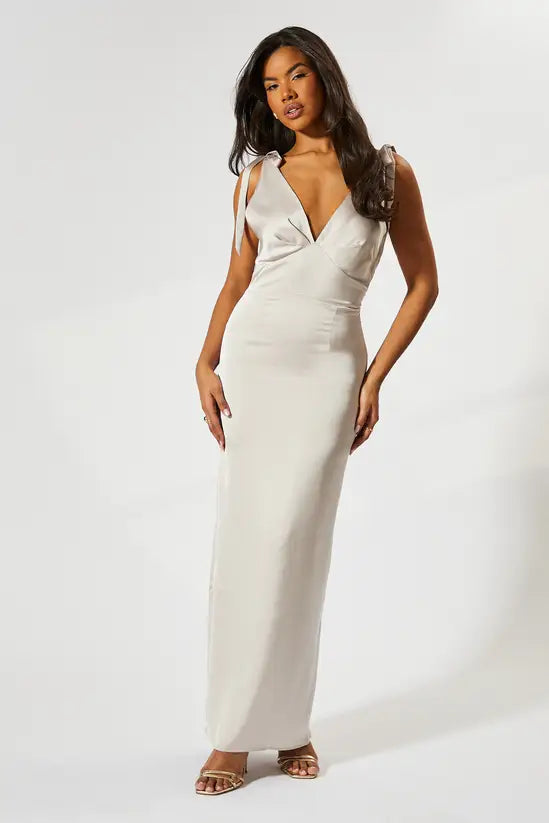 Sophisticated Champagne Satin Cowl Neck Maxi Dress with Tie Shoulder Straps and Open Back, Prom Dress