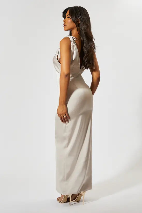 Sophisticated Champagne Satin Cowl Neck Maxi Dress with Tie Shoulder Straps and Open Back, Prom Dress