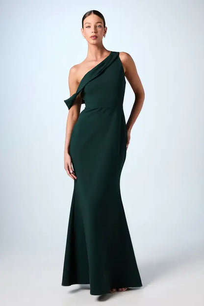 Sophisticated Emerald Green One-Shoulder Mermaid Gown with Asymmetric Ruffle Detail, Prom Dress