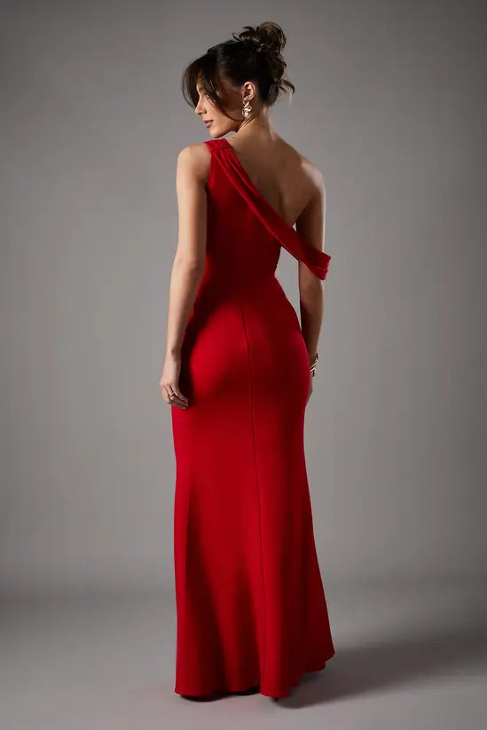 Sophisticated Emerald Green One-Shoulder Mermaid Gown with Asymmetric Ruffle Detail, Prom Dress