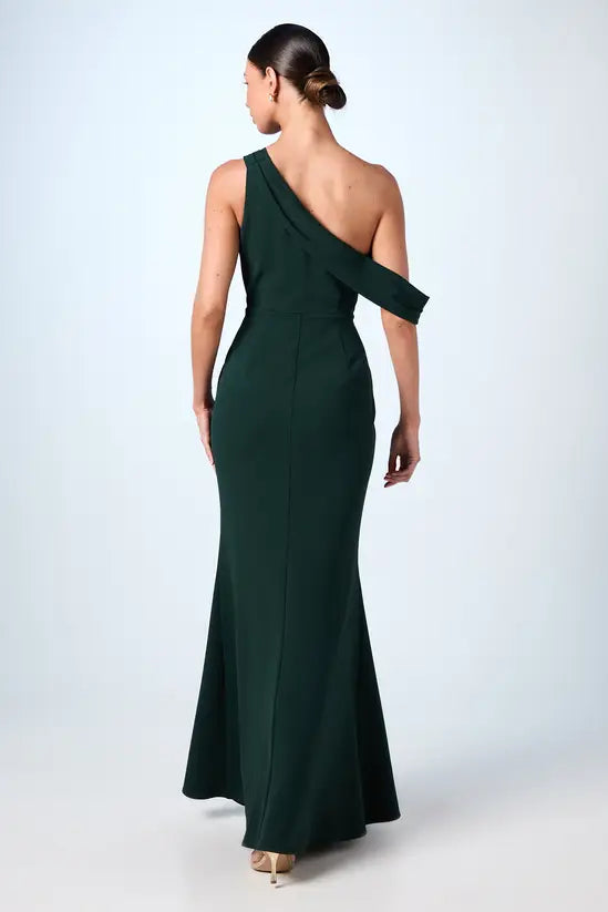 Sophisticated Emerald Green One-Shoulder Mermaid Gown with Asymmetric Ruffle Detail, Prom Dress