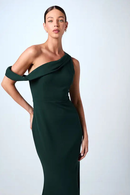 Sophisticated Emerald Green One-Shoulder Mermaid Gown with Asymmetric Ruffle Detail, Prom Dress