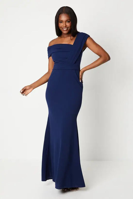 Sophisticated Navy Blue Asymmetric Off-the-Shoulder Mermaid Gown, Prom Dress