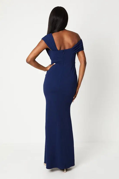 Sophisticated Navy Blue Asymmetric Off-the-Shoulder Mermaid Gown, Prom Dress