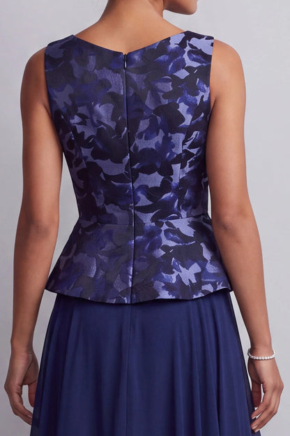 Sophisticated A-Line Boat Neck Sleeveless Floral Peplum Navy Floor-Length Prom Dress