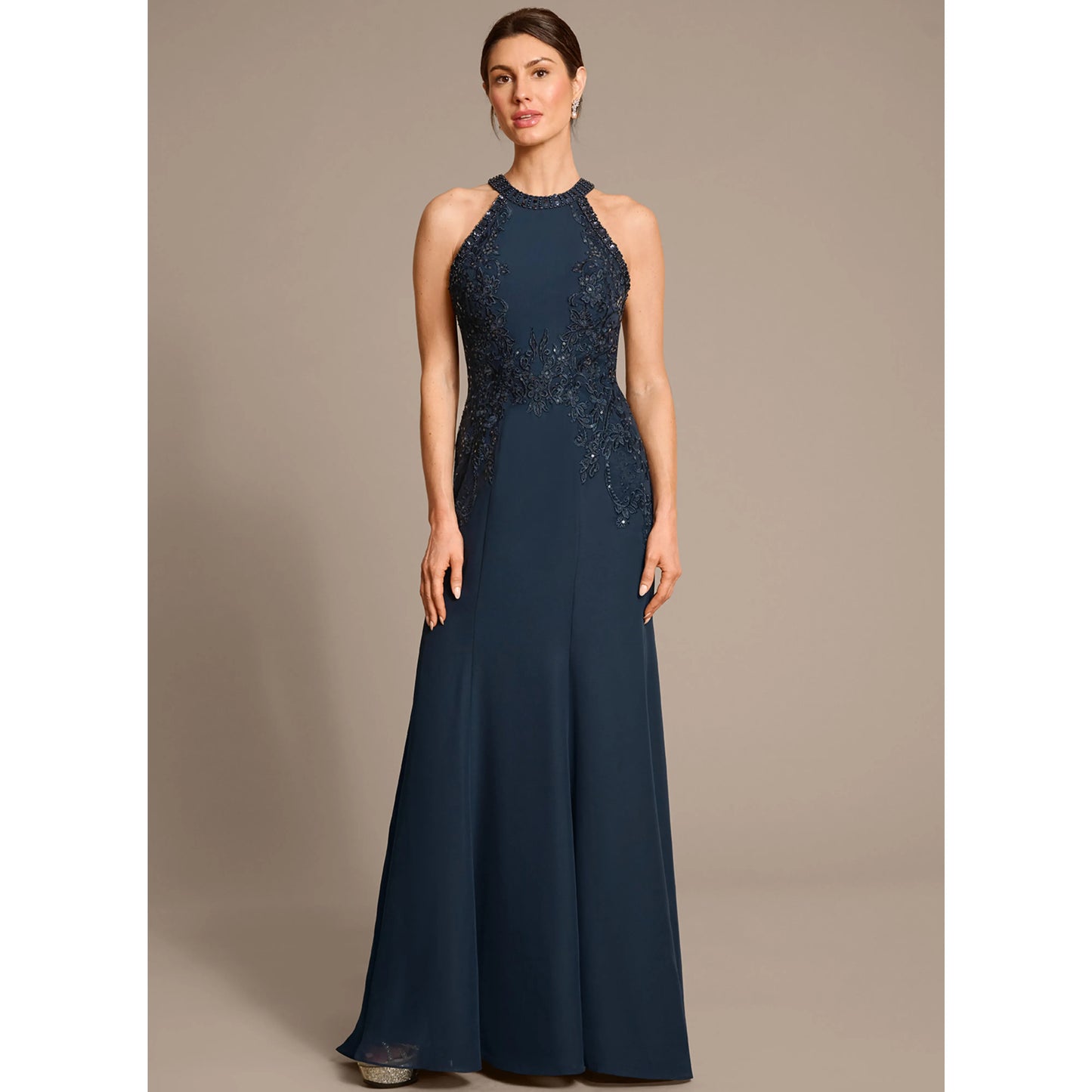 Sophisticated A-Line Halter Sleeveless Beaded Navy Floor-Length Mother of the Bride Gown