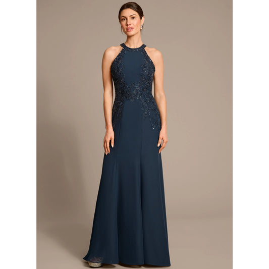 Sophisticated A-Line Halter Sleeveless Beaded Navy Floor-Length Mother of the Bride Gown