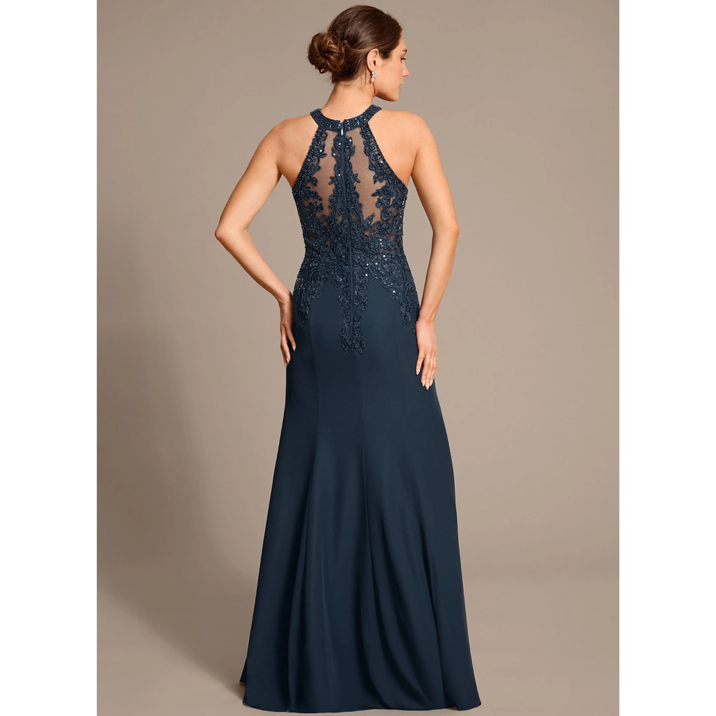 Sophisticated A-Line Halter Sleeveless Beaded Navy Floor-Length Mother of the Bride Gown