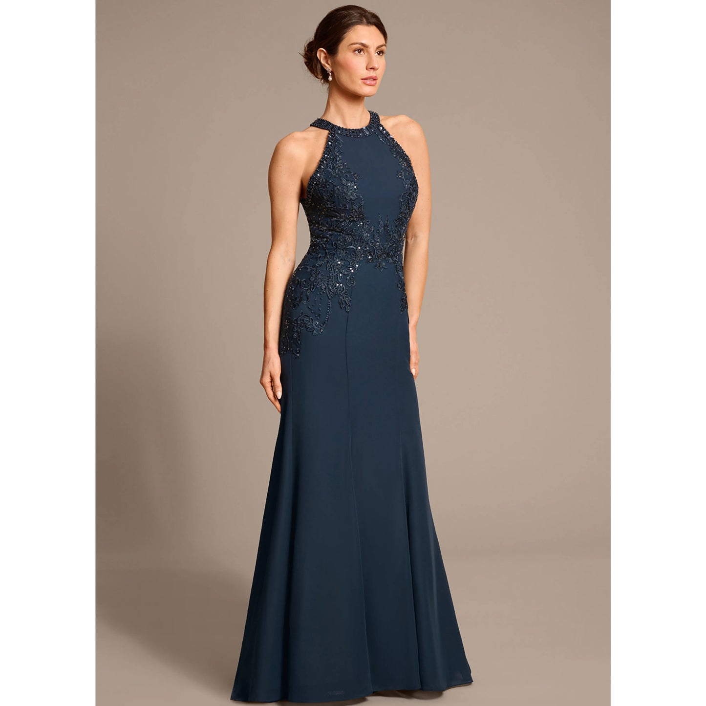 Sophisticated A-Line Halter Sleeveless Beaded Navy Floor-Length Mother of the Bride Gown
