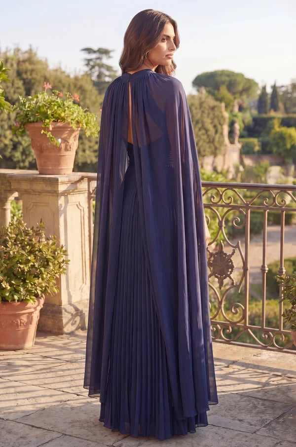 Sophisticated A-Line High Neck Cape Sleeve Navy Blue Mother of the Bride Gown