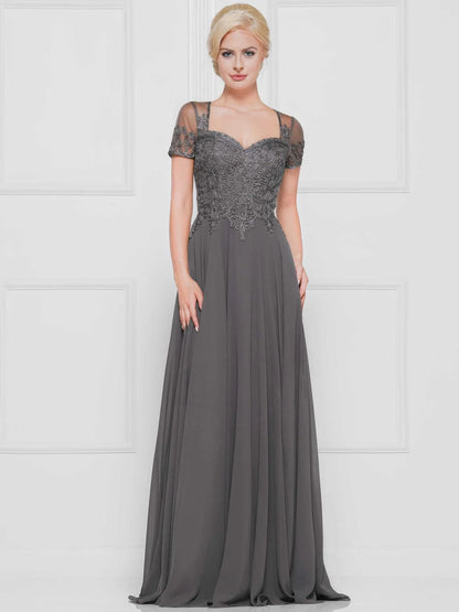 Sophisticated A-Line Illusion Short Sleeve Beaded Charcoal Grey Mother of the Bride Gown