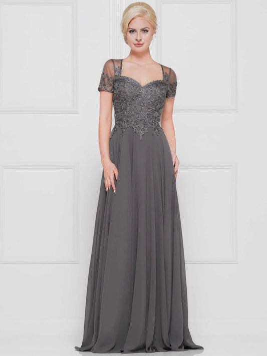 Sophisticated A-Line Illusion Short Sleeve Beaded Charcoal Grey Mother of the Bride Gown