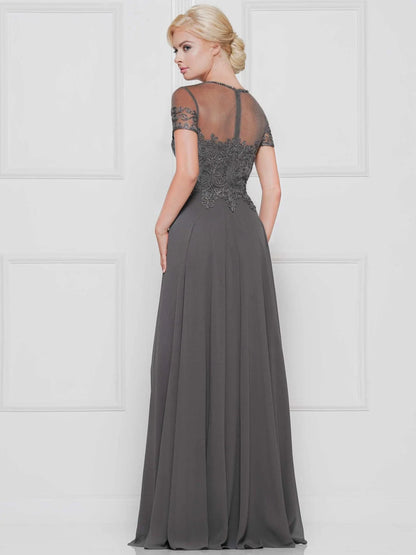 Sophisticated A-Line Illusion Short Sleeve Beaded Charcoal Grey Mother of the Bride Gown