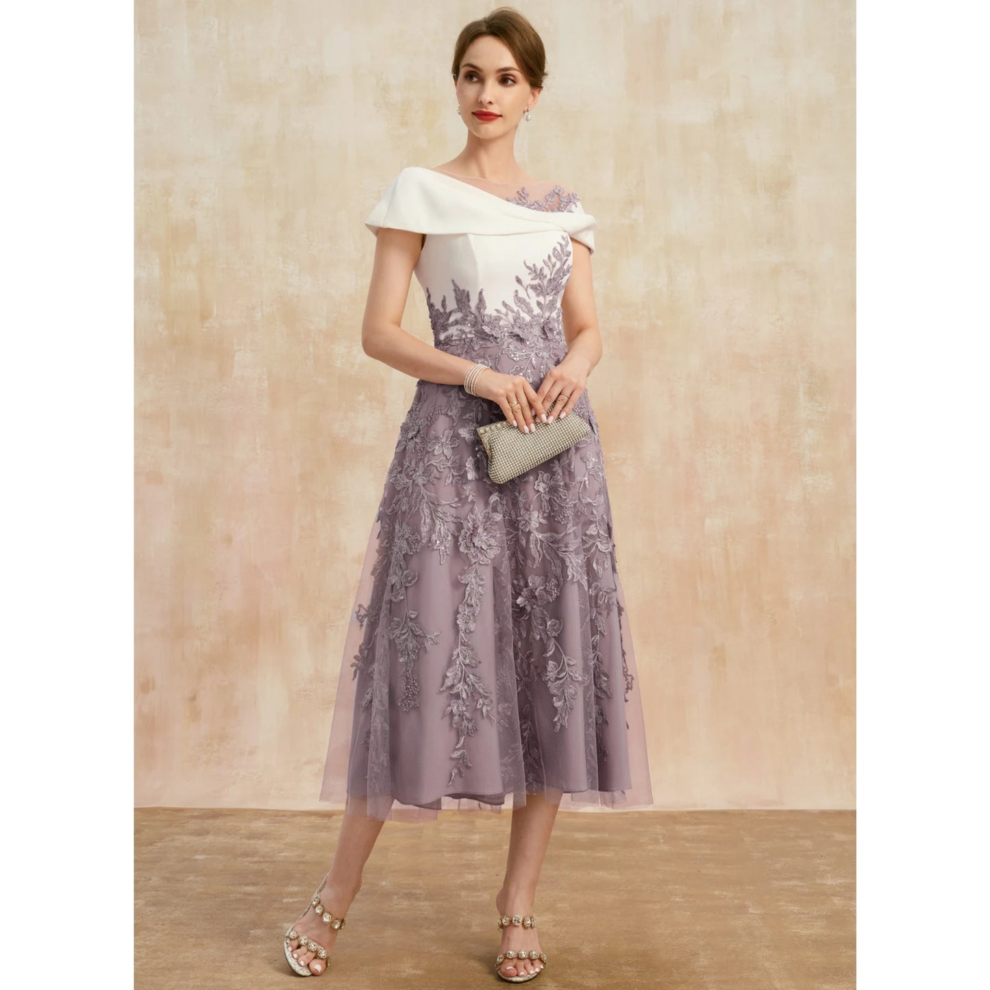 Sophisticated A-Line Off-Shoulder Embroidered Chic Lavender Midi Mother of the Bride Dress