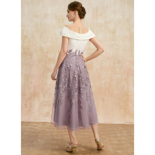 Sophisticated A-Line Off-Shoulder Embroidered Chic Lavender Midi Mother of the Bride Dress