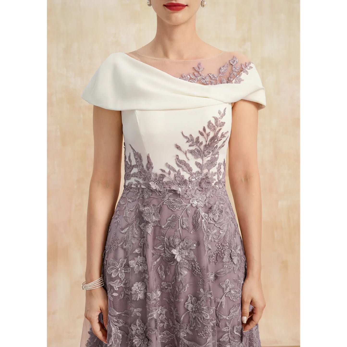 Sophisticated A-Line Off-Shoulder Embroidered Chic Lavender Midi Mother of the Bride Dress